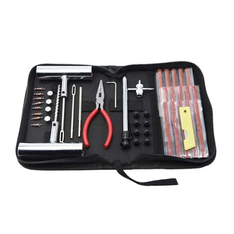 Tyre repair kit first aid set with 45 steel tools in cloth storage bag