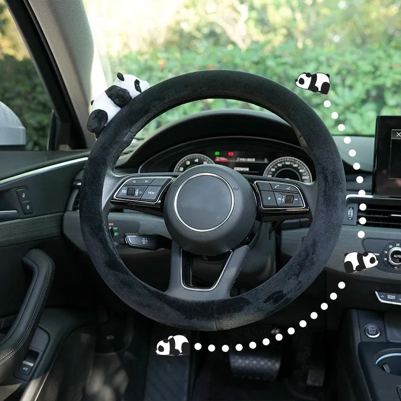 Black panda plush steering wheel cover and matching shoulder pad set for winter vehicle comfort