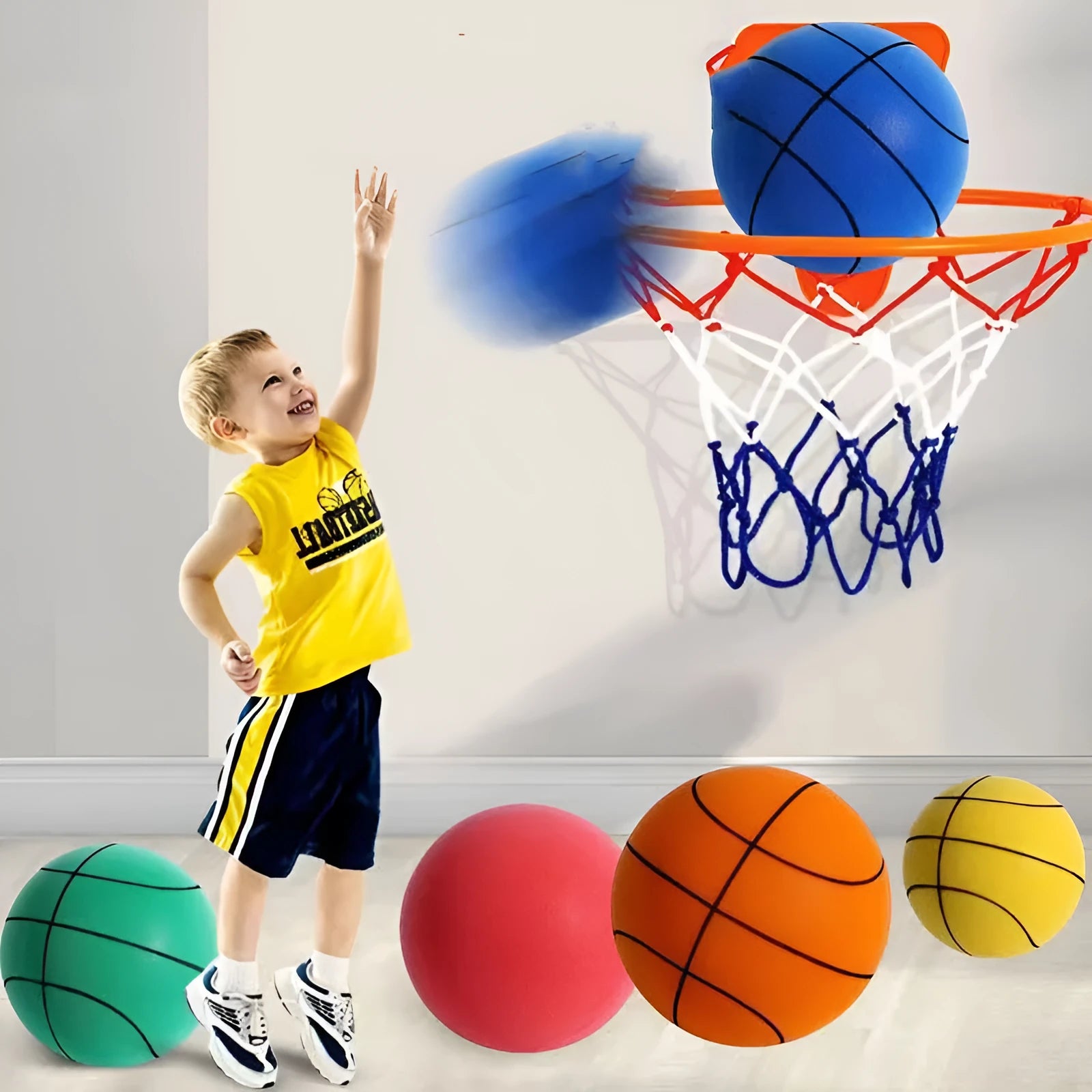 Silent indoor basketball set with high-density foam ball in assorted colours and multiple size options