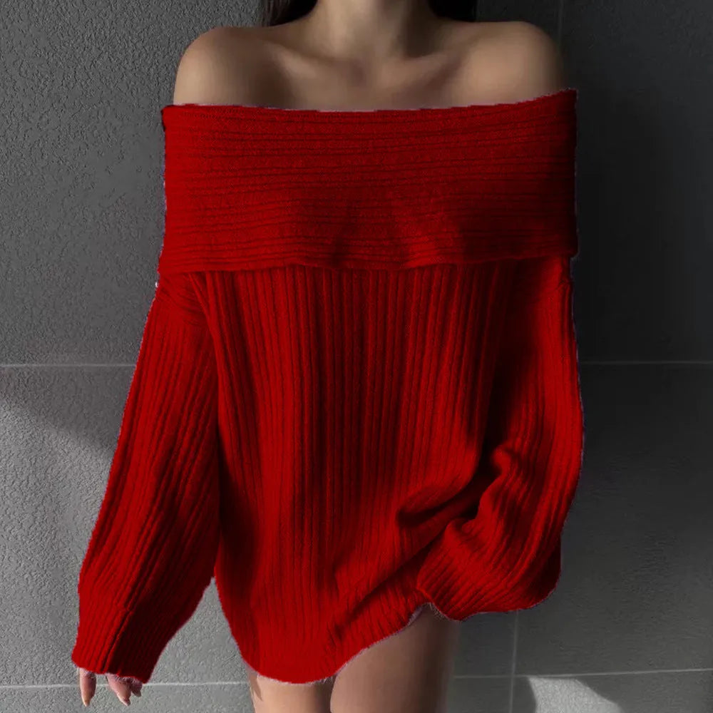 Women's loose-fitting acrylic pullover sweater in black, white, khaki or red with long sleeves