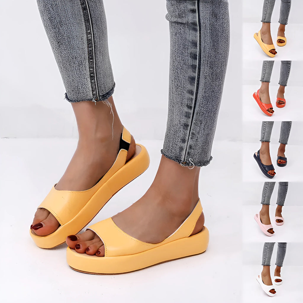 Women's solid colour fish mouth flat sandals with back strap, artificial PU upper, rubber sole