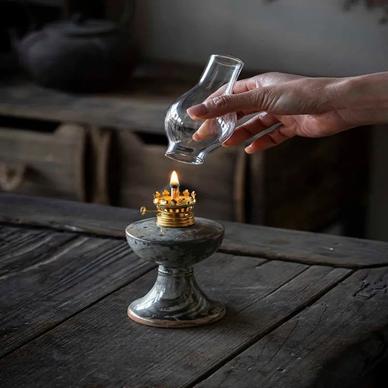Handmade black Shino kerosene lamp ornament, 23.8cm high and 7.8cm wide, with underglaze finish and retro split design.