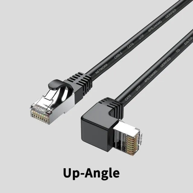 Cat6 Ethernet cable with a right-angle black RJ45 connector alongside cables in white, red, and yellow.
