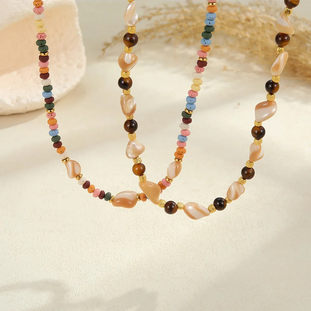 Stainless steel 18K natural stone beaded necklace in geometric shape, tiger eye or colourful beads for women