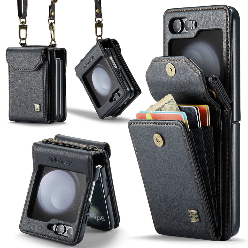 Folding three-in-one protective leather phone case for Samsung Galaxy Z Flip 5 and Z Flip 6 in black with bracket and magnetic suction