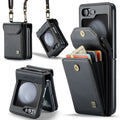 Folding three-in-one protective leather phone case for Samsung Galaxy Z Flip 5 and Z Flip 6 in black with bracket and magnetic suction