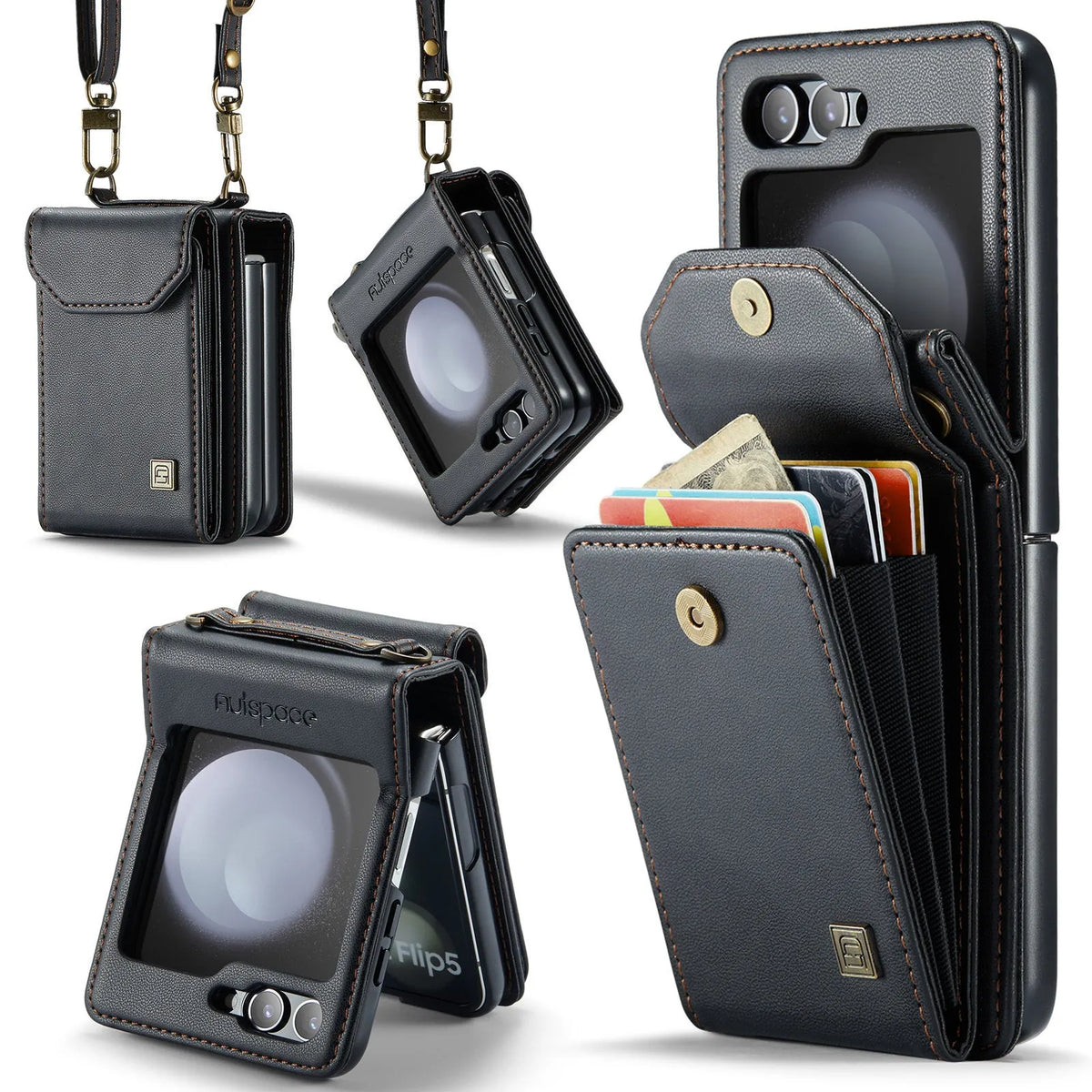 Folding three-in-one protective leather phone case for Samsung Galaxy Z Flip 5 and Z Flip 6 in black with bracket and magnetic suction