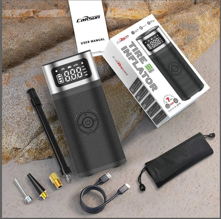 Black portable wireless vehicle air pump with LED light, 15cm hose and accessory nozzles