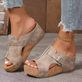 Plus size wedge sandals with rivet detail and fish mouth toe in black PU upper