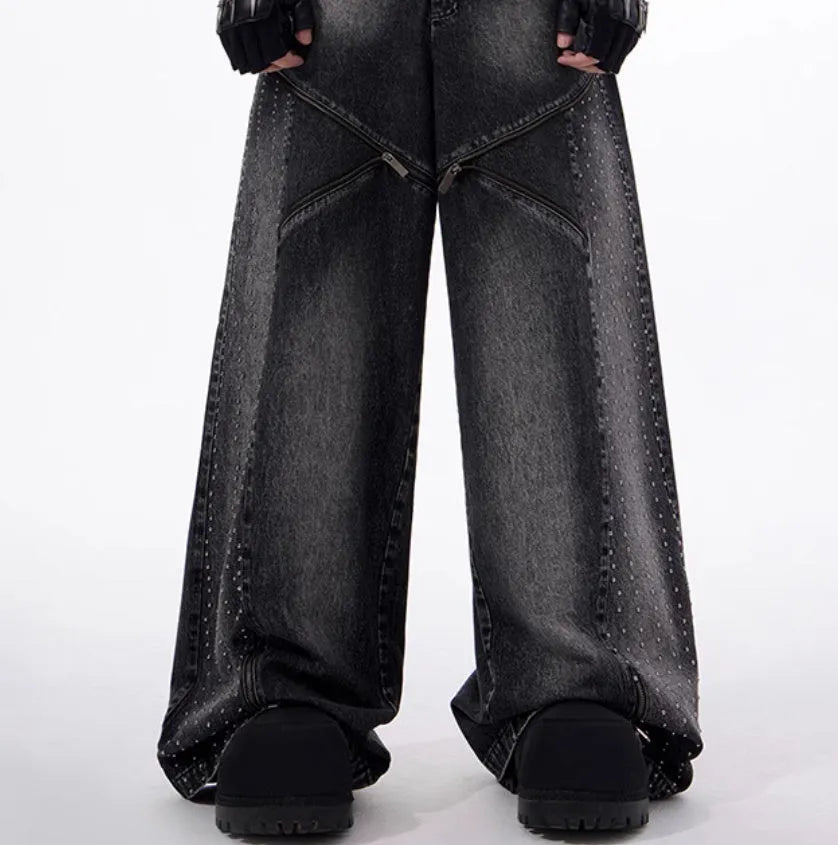 Korean style washed denim two-piece set with wide leg pants and matching waistcoat in black and grey