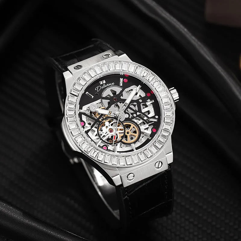 Men's automatic mechanical watch with hollow movement, diamond studs, and white shell case.