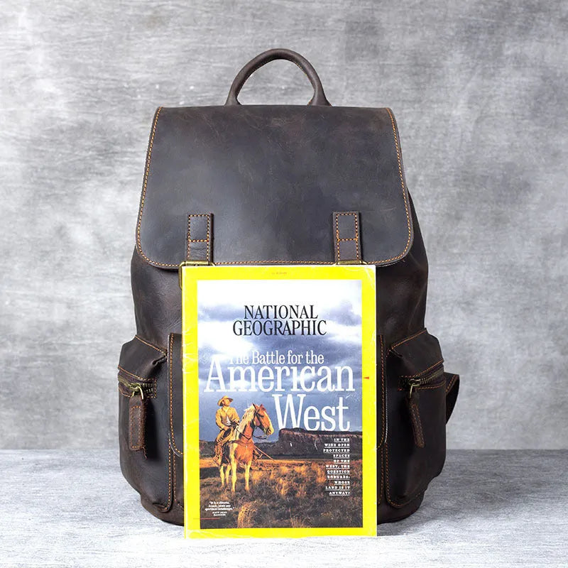 Brown crazy horse leather backpack with double shoulder straps and soft handle