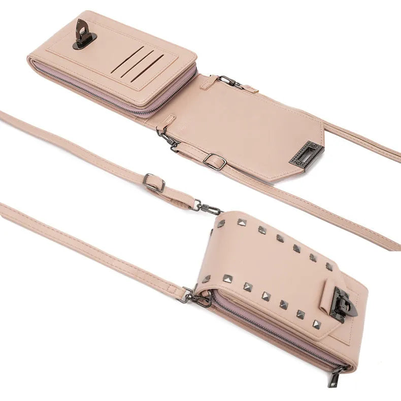 Rivet design crossbody bag for women in solid colour PU leather with card slot and cover closure