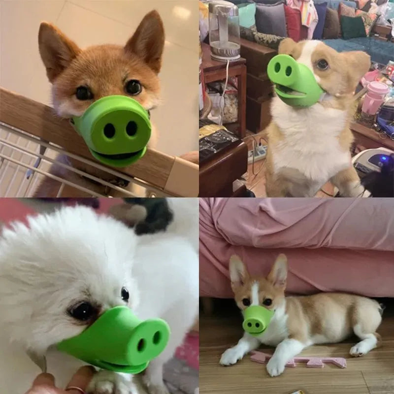 Blue and green silicone anti-bite mouth covers for dogs in two sizes on a white background.