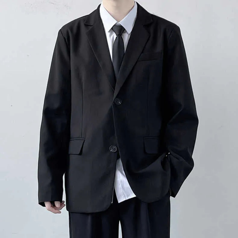 Men's plus size college-style suit jacket and trousers set in charcoal grey
