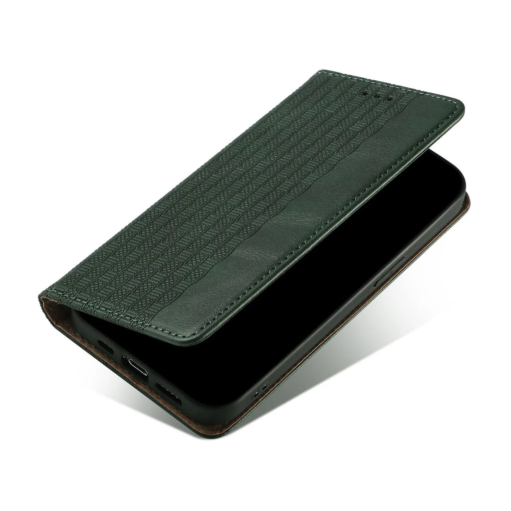 Embossed leather-look flip phone case for iPhone in black, shown open and closed.