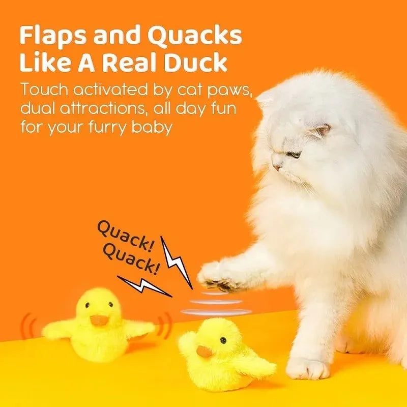 Yellow flapping duck cat toy with vibration sensor and removable plush cover