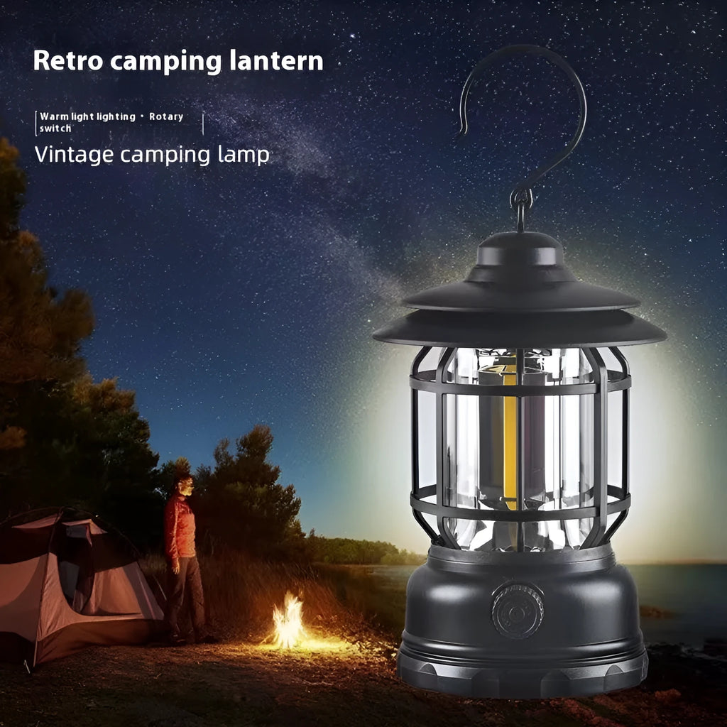 Portable camping head lantern in dark green colour showing compact 16.6cm height dimensions