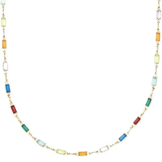 Geometric crystal necklace with electroplated alloy chain and glass pendant in random colours
