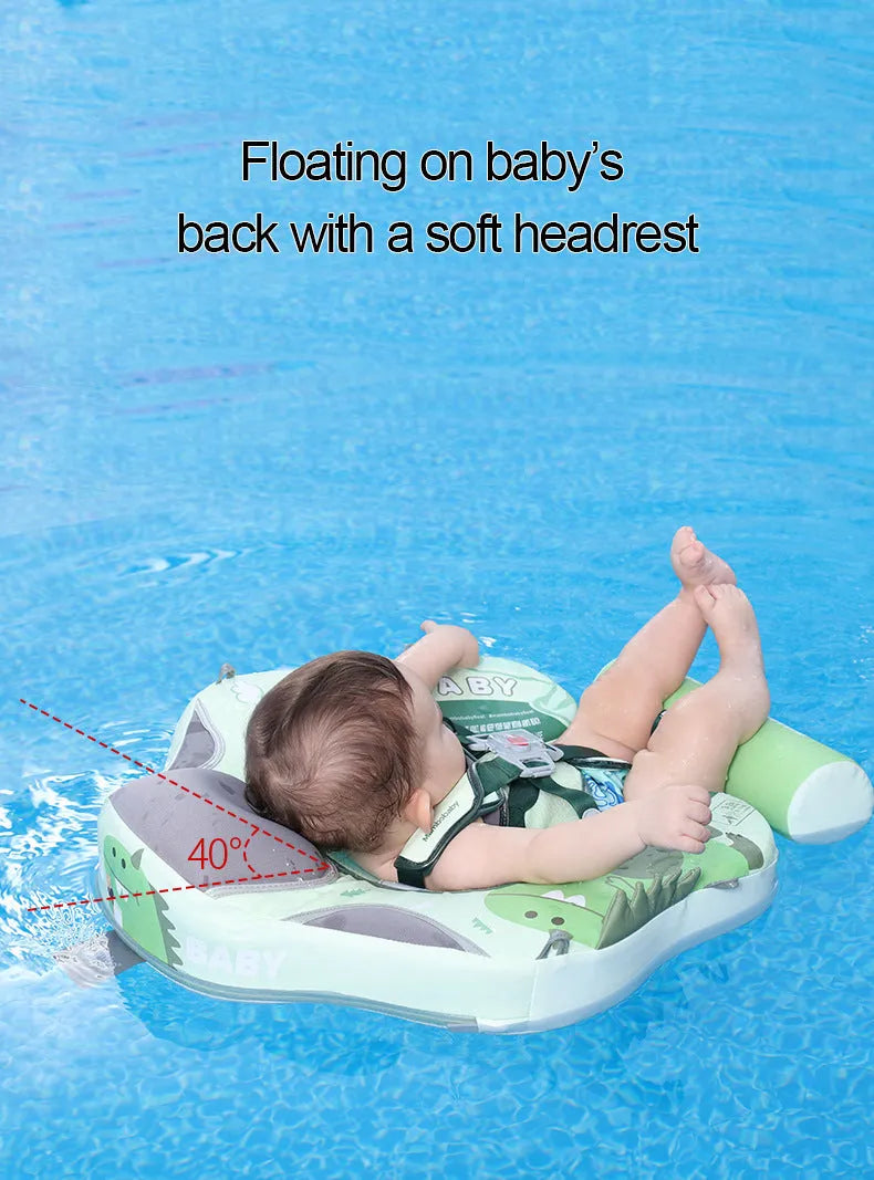 Avocado green inflatable baby swimming ring with dinosaur pattern and sun shade for children 3-24 months