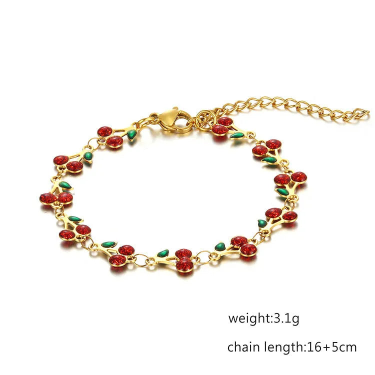 Alloy bracelet and necklace set with hand-painted dripping oil geometric pattern and cherry pendant in colourful finish