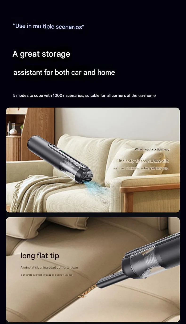 Black handheld car vacuum cleaner with green light dust detection on a car seat
