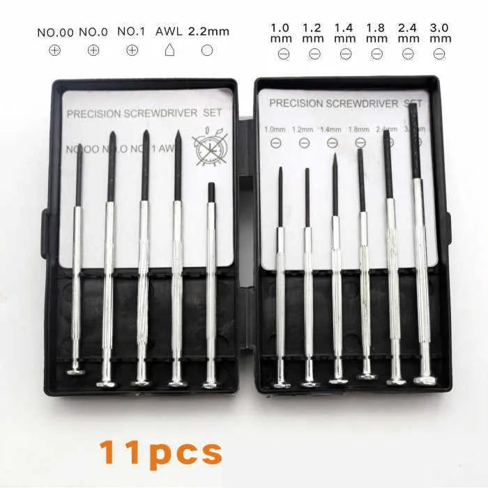 TH-6177 11-piece clock repair screwdriver set with cross and flat head bits on a white background.
