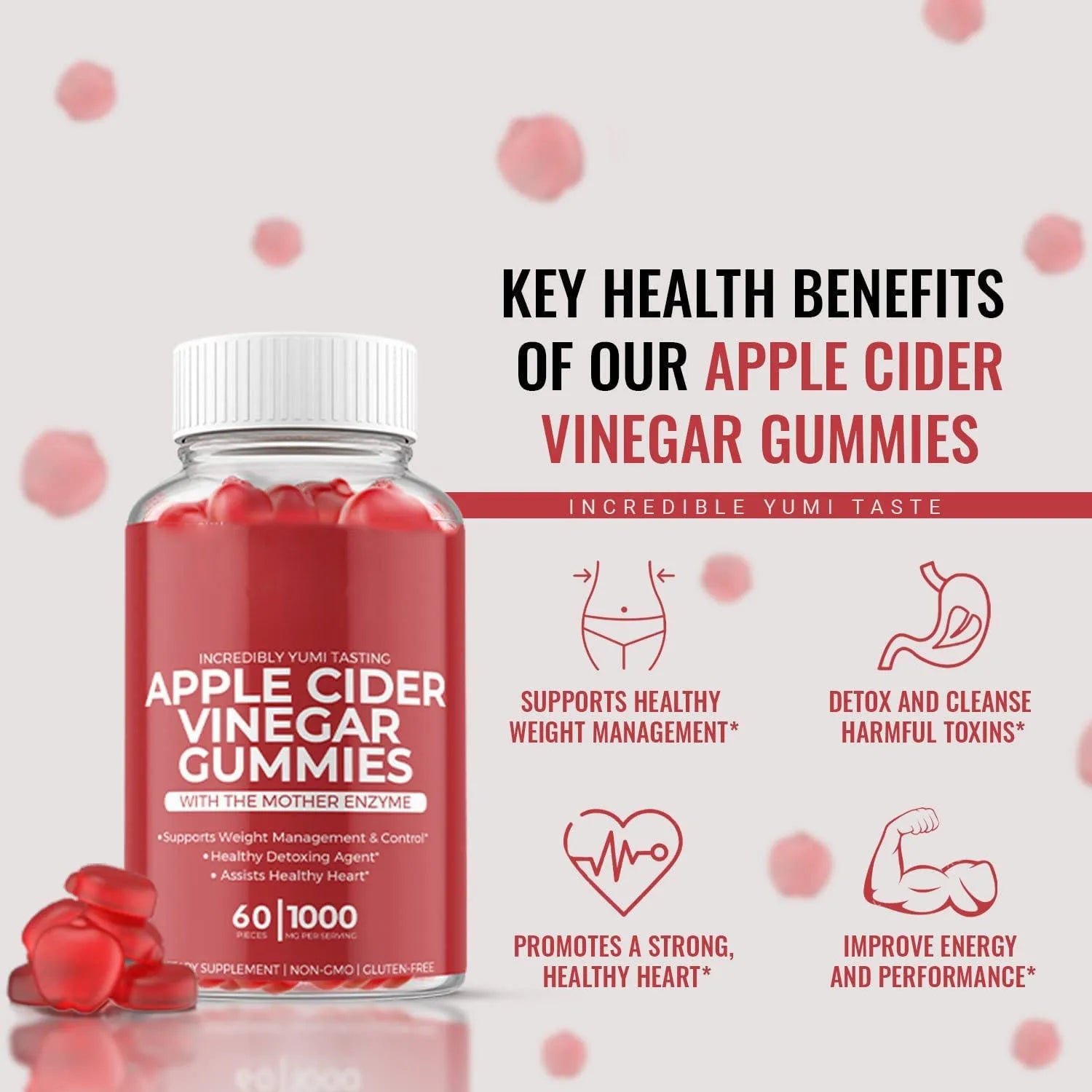Bottle of apple cider vinegar gummies containing 60 soft candy tablets for adult nutritional supplementation