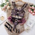Women's light blue embroidered lace bra set with transparent mesh three-point styling