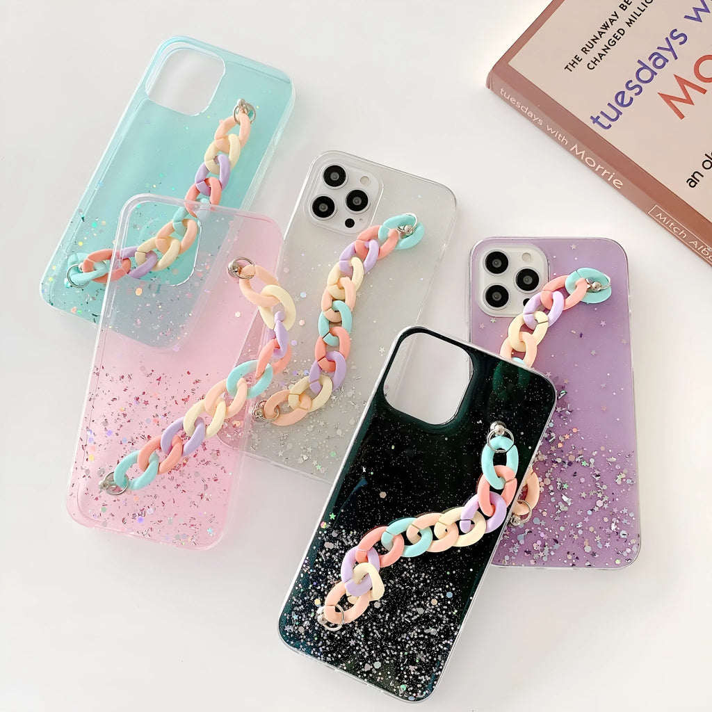 Silicone soft phone case with epoxy bracelet starry pattern for iPhone 14 and 15 series in multiple colours