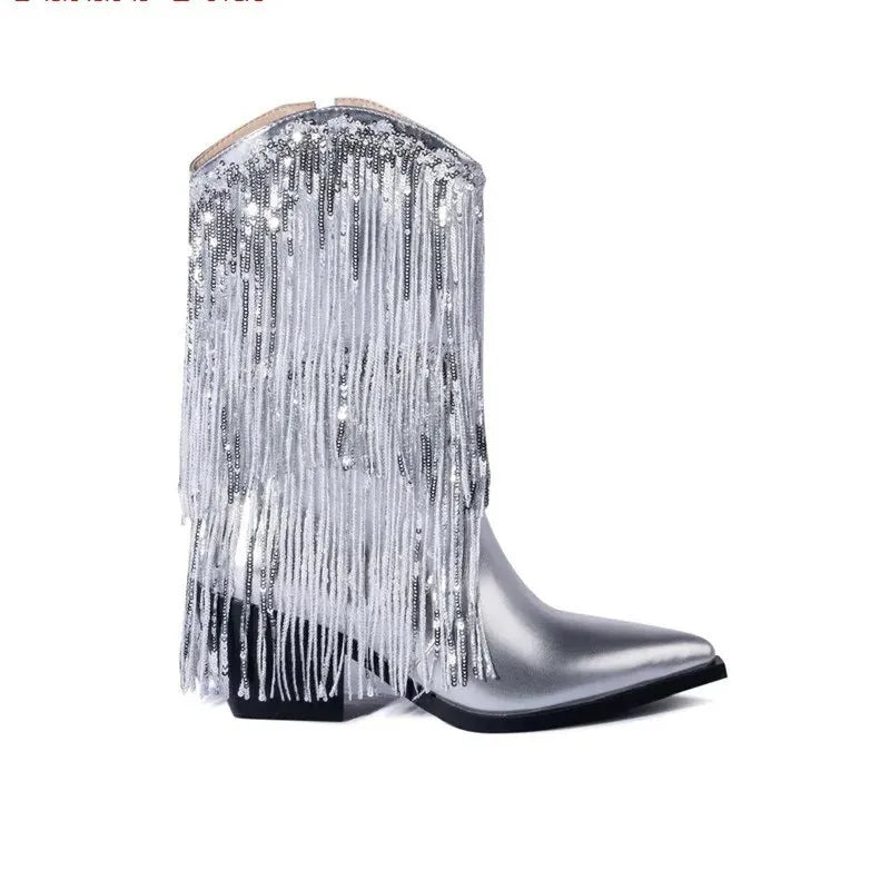Women's black chunky heel tassel boots with high stiletto heels and a pointed toe on a white background.