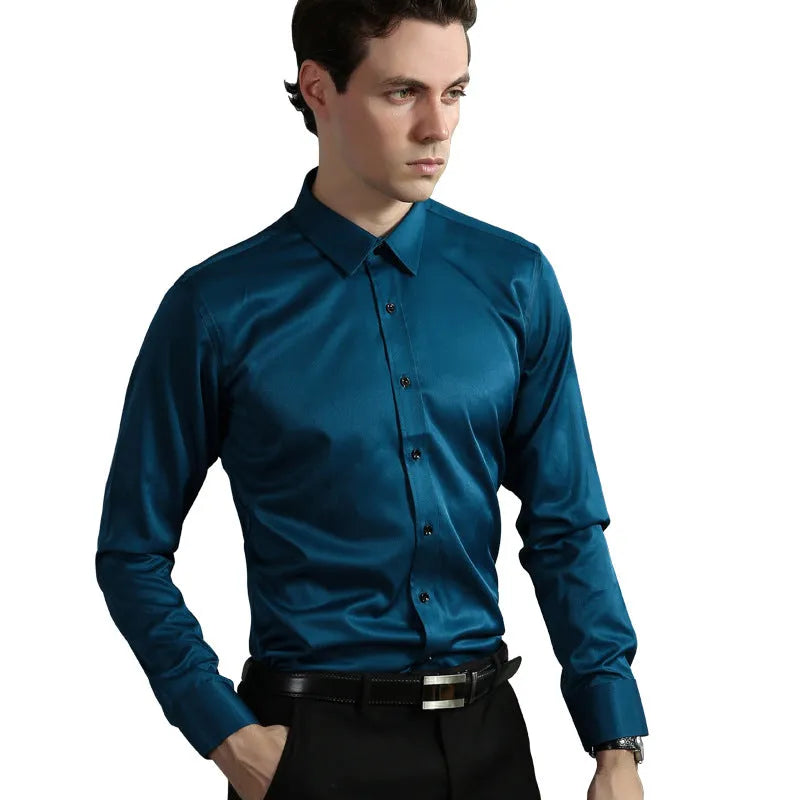 Casual four-way stretch long sleeve shirt in solid colour, slim fit cardigan style for weddings and business, polyester fibre blend