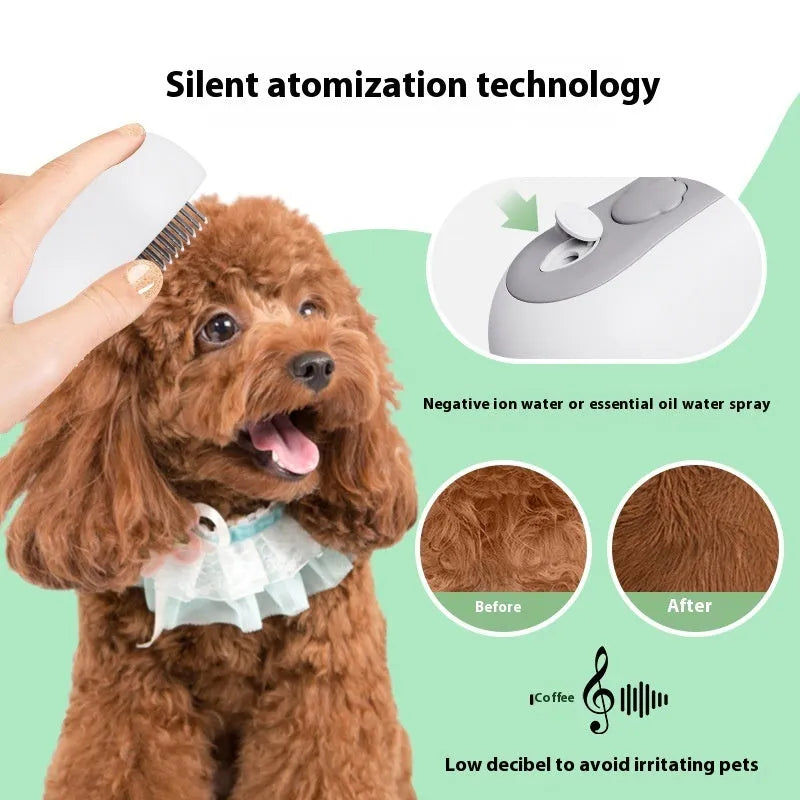Battery-powered cat grooming comb with spray nozzle and silicone bristles in beige, blue, grey, or orange.