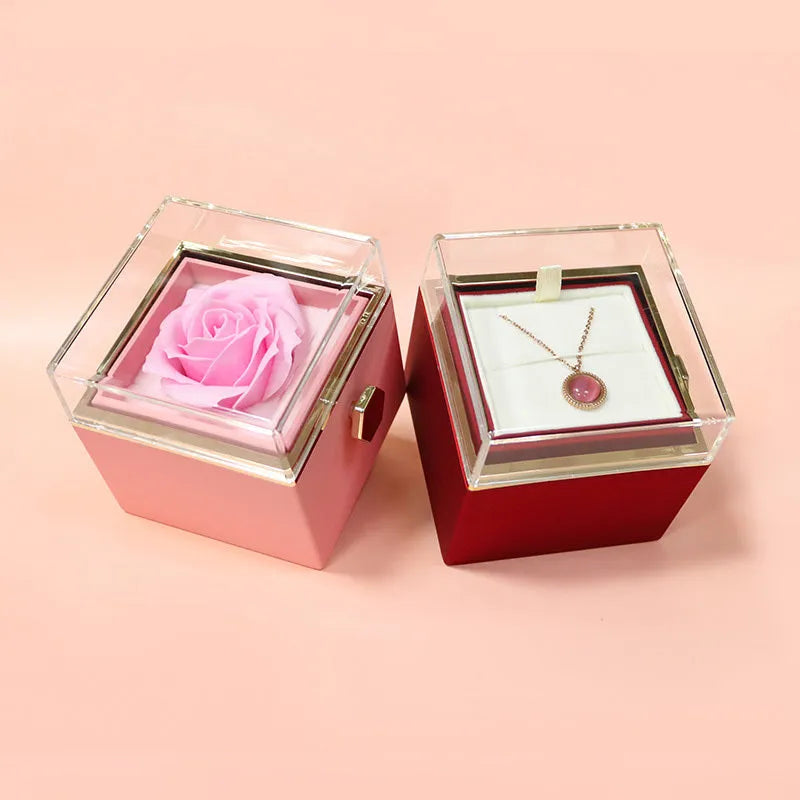 Rotating soap flower rose gift box with transparent acrylic cover showing preserved rose and jewellery drawer