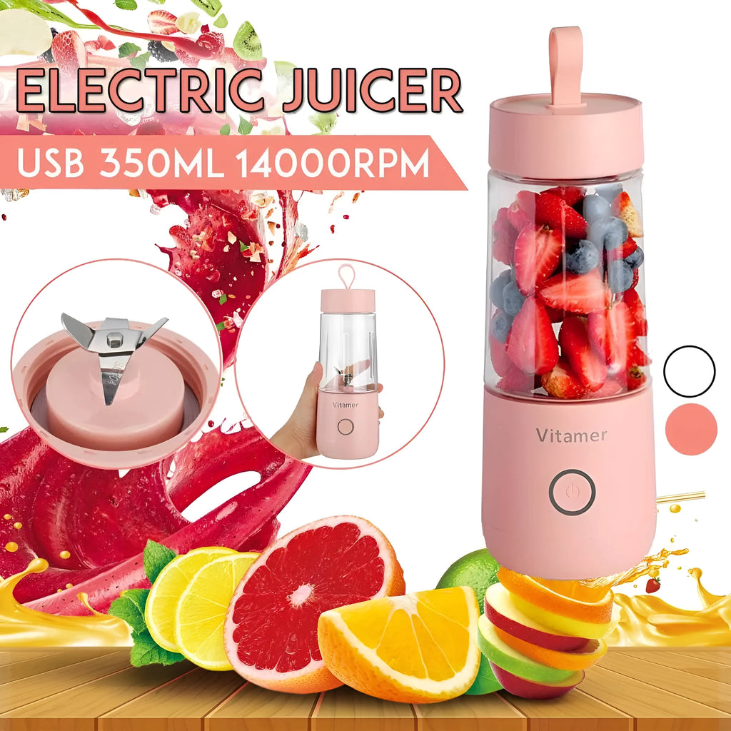White portable USB blender bottle with silicone ring, 350ml capacity, and stainless steel blade on base.
