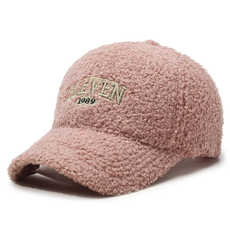 Winter lambskin baseball cap with adjustable strap in seven colour options