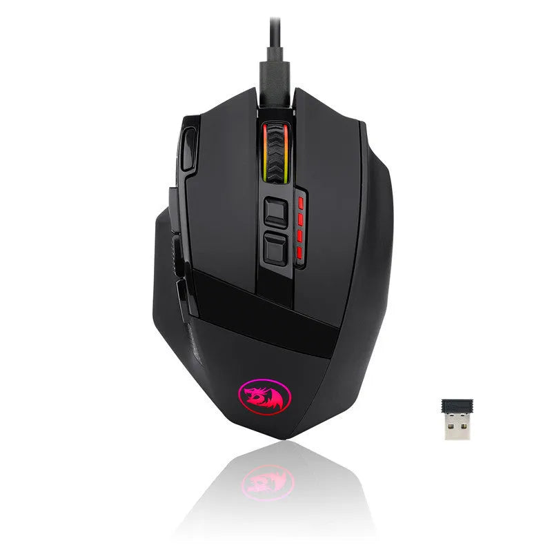 Black Redragon M801P dual-mode wireless and wired gaming mouse with nine buttons on an ergonomic rat-sized body.