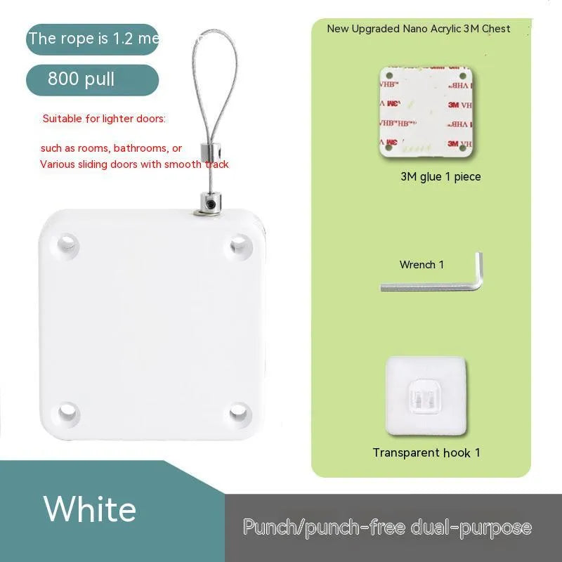 Automatic door closer with adhesive backing and transparent hook for punch-free installation on a door.