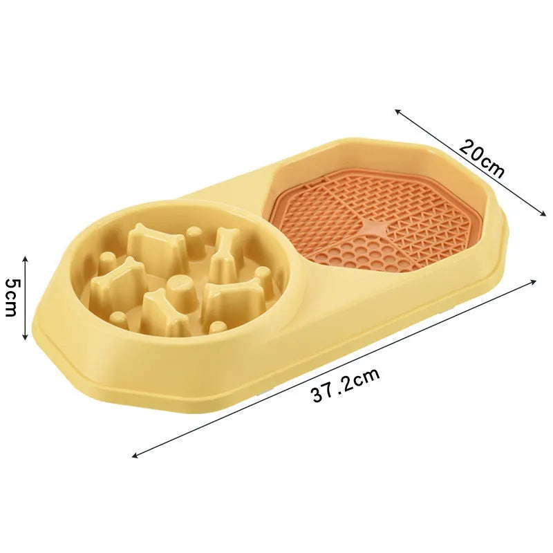 Blue green pink or yellow slow feeder puzzle dog bowl with maze pattern and non-slip base