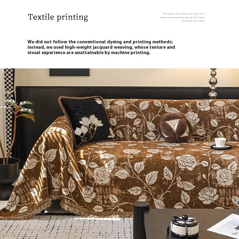 Chenille sofa cover with retro floral pattern in Beige, 180cm wide, draped over a sofa