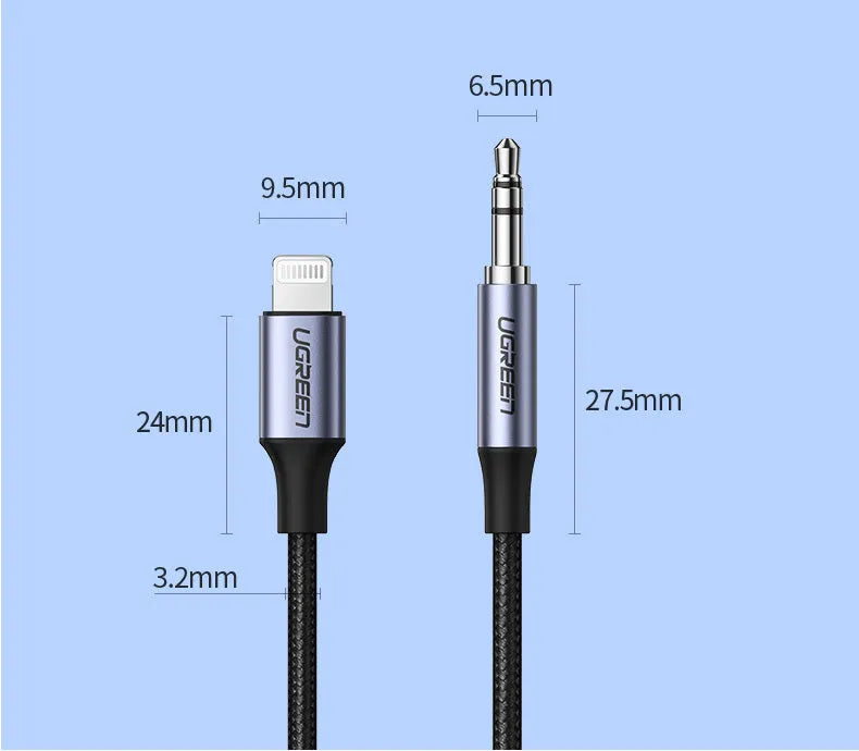Black braided Apple Lightning to 3.5mm audio adapter cable with aluminium connectors for car use.