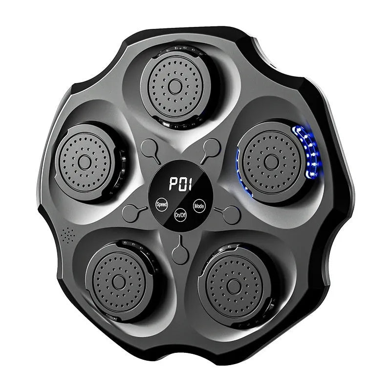 Black Bluetooth music boxing wall target hanging on a wall with included gloves.