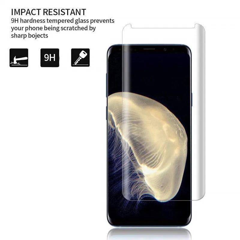 Tempered glass screen protector for Samsung Galaxy phones with black border and transparent edge options