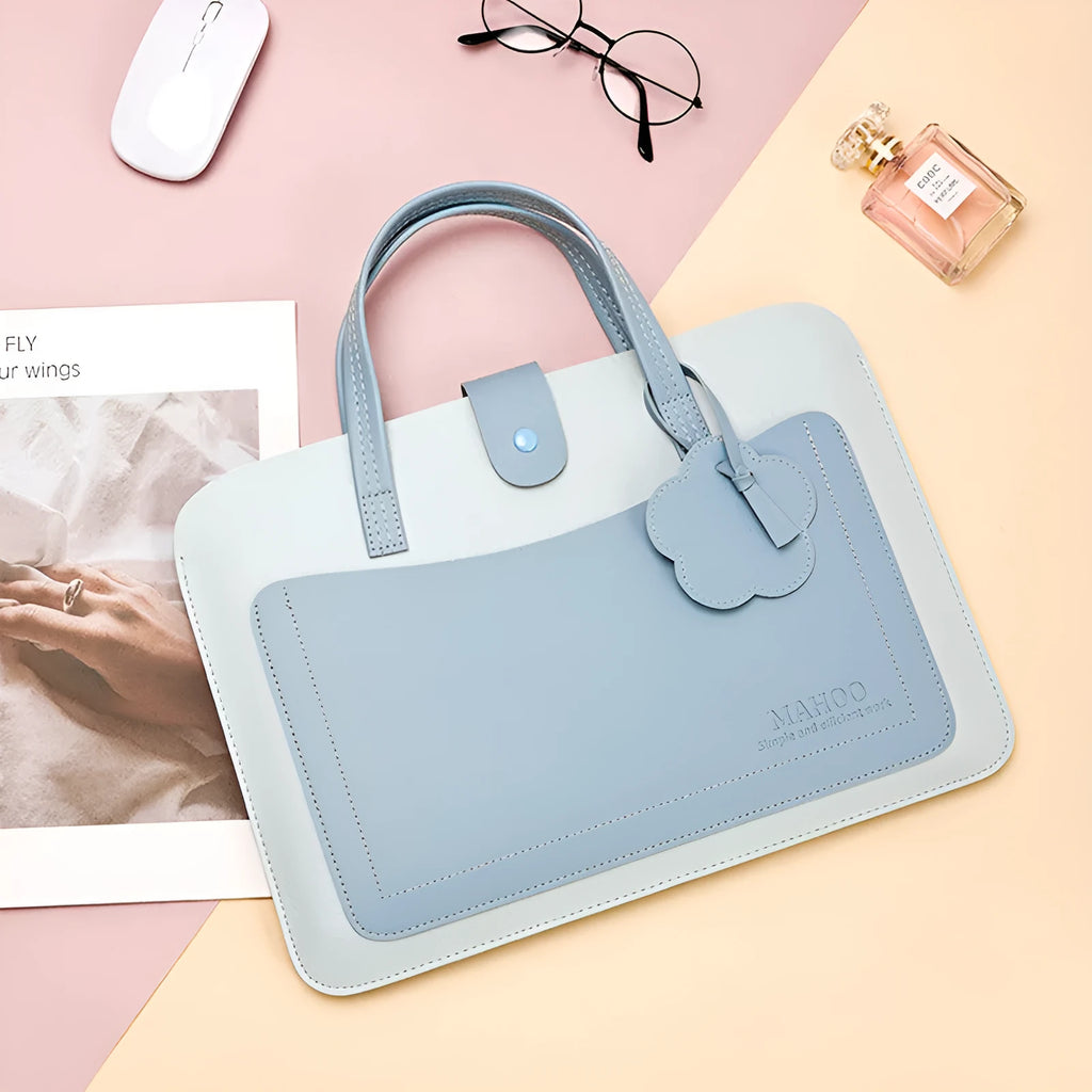 Portable thin flower drawstring computer bag in light blue, waterproof PVC laptop sleeve with soft handle