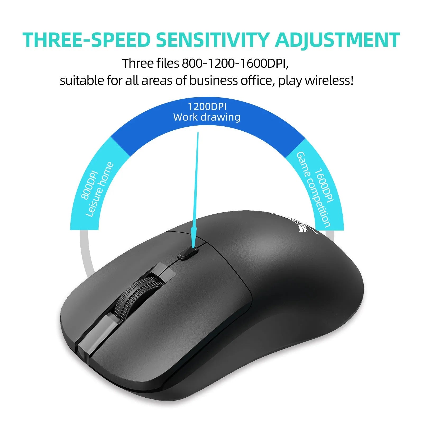 Black wireless computer mouse with a three-gear volume control button on the side.
