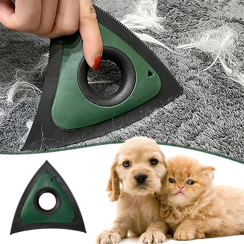 Triangle electrostatic pet hair remover brush in red with three density gears and bow-shaped handle on carpet
