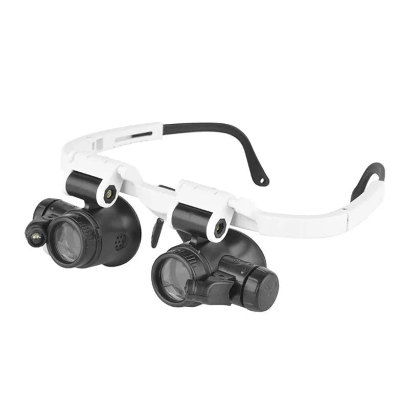 White head mounted magnifying glass with LED light, shown folded and unfolded for clock repair work.