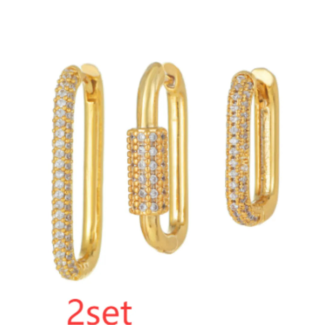 Set of three geometric zircon ear clips in gold and white finishes with square European style