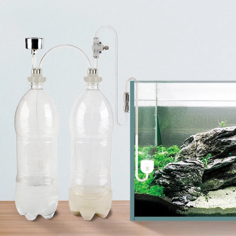 Plastic aquarium CO2 generator with attached needle valve and pressure gauge for fish tank use