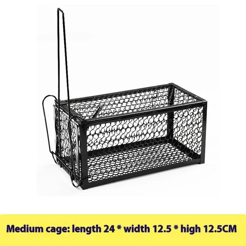 Automatic mouse trap shown in small, medium, and large sizes with metal and plastic colour options.